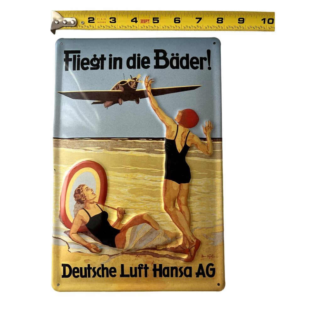 Fliegt in die Bader! Deutsche Luft Hansa AG Hans Vogel Metal Retro Sign